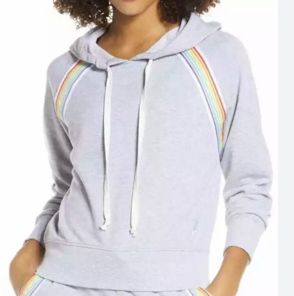 Brooklyn Cloth Womens Rainbow Stripe Cropped‎ Hoodie White BHLA014F Large NWT